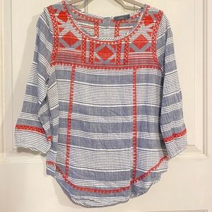 THML • Navy Striped Embroidered Blouse • Medium